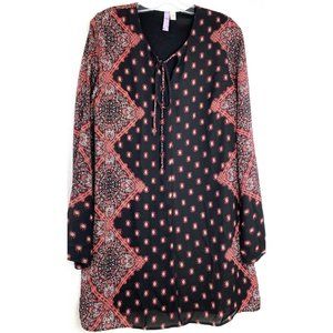 Francesca's Alya Women's Mini Shift Dress Long Sleeve Tie V-Neck Sz: M Black/Red